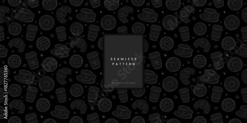 Seamless pattern of coffee cups croissant and donut outline on a dark black background