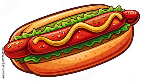 Very beautiful semi-realistic vector illustration of a savory hot dog, featuring a juicy sausage in a soft bun, with detailed textures, vibrant colors, and clean isolated presentation on a white backg
