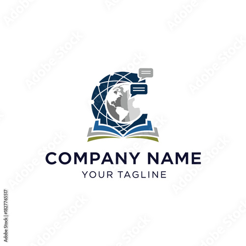 Global education and communication logo with an open book, world map, and chat icons.