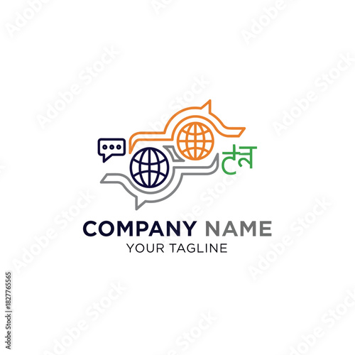 Logo concept for a global communication or translation company featuring globes, chat icons, and foreign script.
