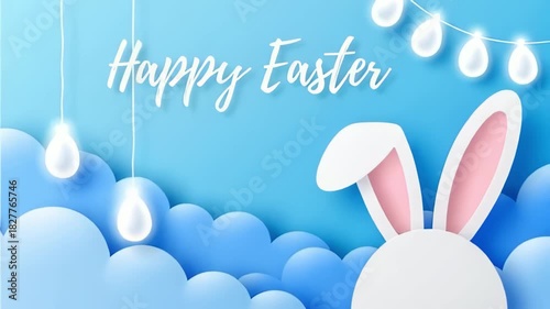 Wallpaper Mural Happy Easter bunny ears peek out from playful cloudscape, animated spring holiday invitation Torontodigital.ca