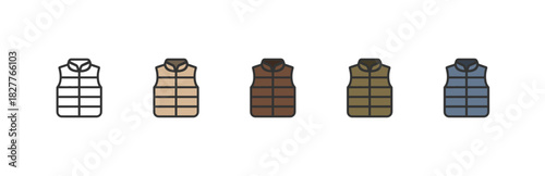 Padded sleeveless vest icons in five colors. Vector flat design icon set.
