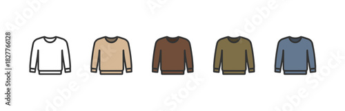 Vector illustration set of basic long sleeve sweaters in five earth tones: white, beige, brown, olive and blue.