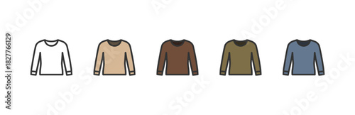 Fitted long sleeve shirts in five colors. Minimalist icon set of slim long. Vector