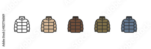 Winter puffer jacket icons in five colors. Vector flat set