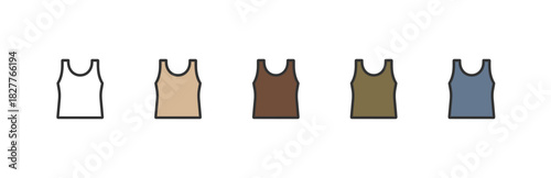 Basic mens muscle tanks in white, beige, brown, olive, and blue. Flat vector set