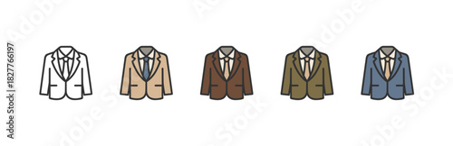 Mens suit jackets in five tones. Illustration of formal mens business suits. Vector