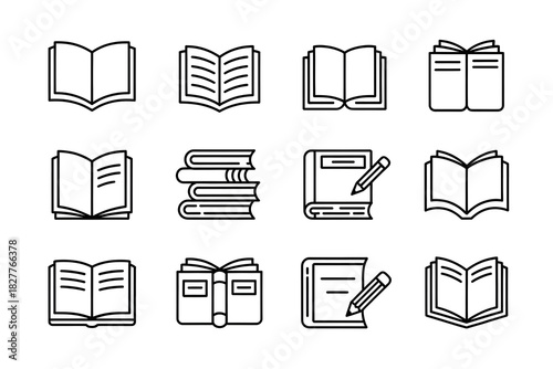 Collection of book line art icons isolated on a transparent background