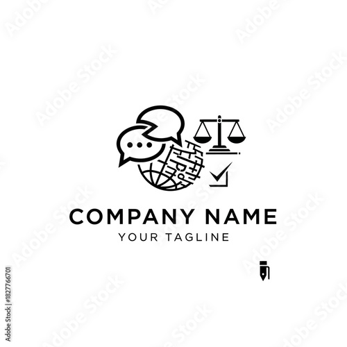 Modern line art logo combining a globe, speech bubbles, and scales of justice, representing global legal services, communication, and compliance.