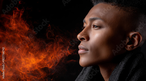 Young man looks pensively towards left as fiery flames illuminate his face, expressing intensity and contemplation against dark backdrop