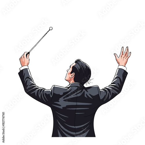 Dynamic vector illustration of a conductor leading a symphony orchestra with a baton