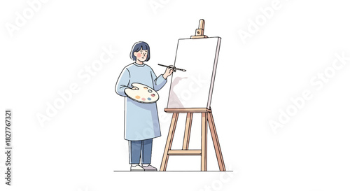 Minimalist illustration of a female artist beginning her creative process on a blank canvas