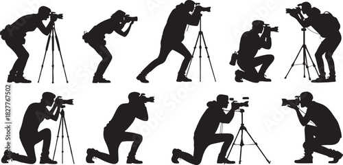 Silhouette of photographers in various poses with cameras and tripods