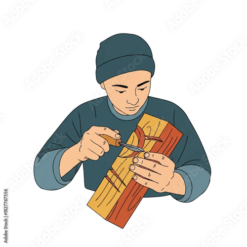 Focused young man creating traditional patterns with woodcarving tools