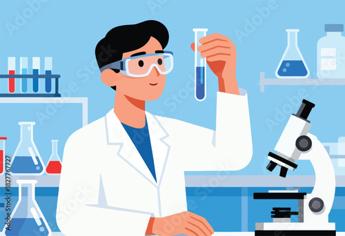 A lab worker in a white coat and safety glasses examines a test tube, with lab equipment around