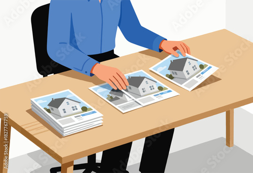 An illustration shows a person at a desk examining printed house photos. A stack and individual sheets are seen