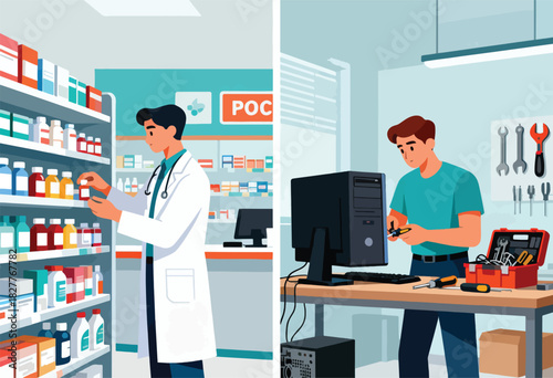 An illustration depicting a pharmacist selecting medication & technician fixing a computer