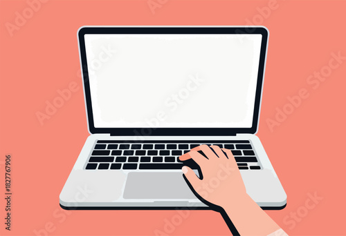 A vector illustration depicts a laptop with a blank screen and a hand typing on the keyboard