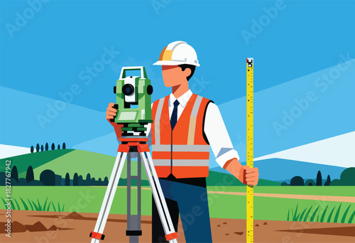 Illustration depicts a land surveyor with equipment on a green field under a clear blue sky