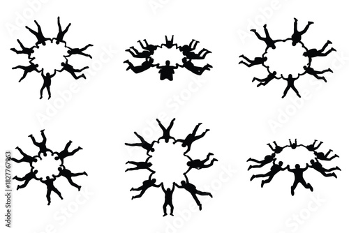 Skydiver circle formation in the sky silhouette vector