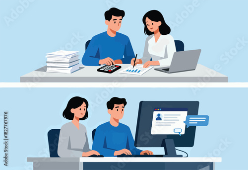 Illustration depicts two scenes financial planning with calculator and charts, and online communication via computer