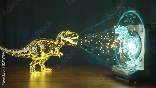 A futuristic glowing blue hologram of a roaring Tyrannosaurus Rex is displayed paleontology and prehistoric life incredible detail representing a modern museum exhibit or augmented reality technology