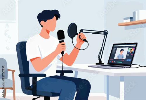 A person in a home studio podcasts, using a microphone and a laptop displaying a video call
