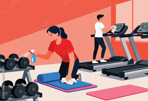 Fitness center cleaning woman spraying weights, person wiping treadmill, with exercise mats present