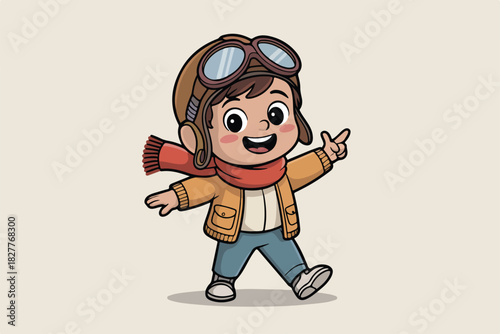 Cartoon illustration of a cheerful child dressed as a pilot with aviator goggles and a scarf, pointing