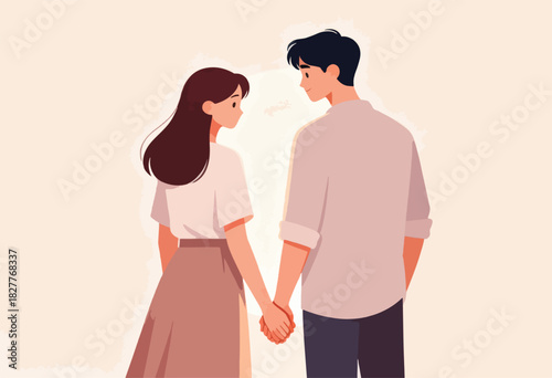 An illustration shows a couple holding hands, the woman facing forward, the man looking at her. Minimalist style