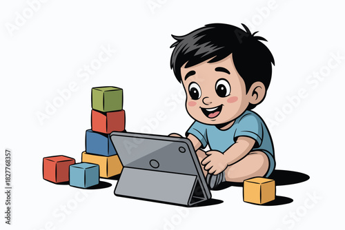 Illustration of a smiling young child using a tablet surrounded by colorful building blocks