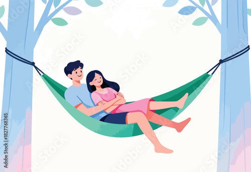 Illustration of a couple resting in a hammock suspended between trees. Pastel colors, romantic scene