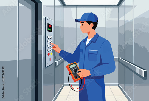 A technician in a blue uniform, holding an electrical meter, examines the elevator control panel