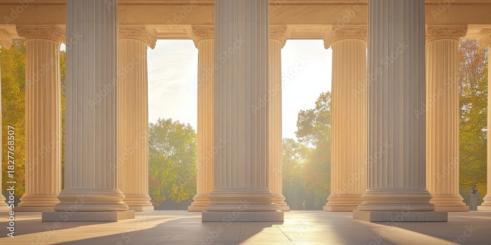 Fototapeta premium Elegant classical marble architecture under sunlight, featuring timeless rows of fluted columns.