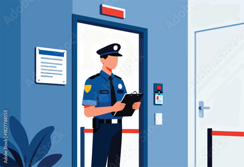 A security guard in uniform stands at a door, holding a clipboard in an interior with a sign on the wall