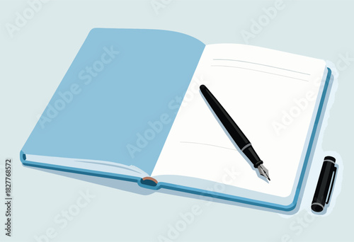 An open blue notebook with a black fountain pen and cap, on a neutral background. Simple, illustrated