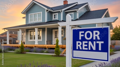 Modern house with for rent sign in front yard

