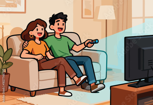 A cartoon couple sits on a couch watching TV, laughing and enjoying their time together