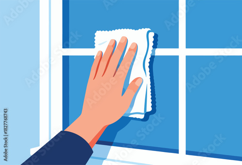 A hand holds a white cloth, cleaning a window, with white grid lines and blue background