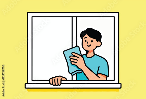Cartoon illustration depicts a person cleaning a window with a blue cloth inside a simple window frame