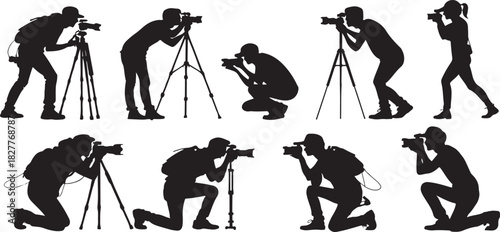 Silhouette of photographers in various poses with cameras and tripods