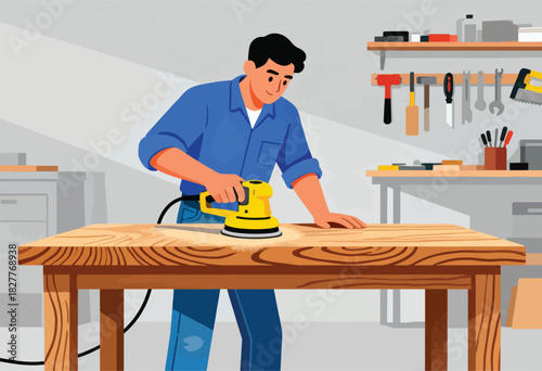 A person in blue is using a yellow sander on a wooden table in a workshop, tools hanging