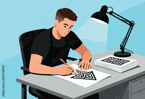 A person sketches intricate patterns at a desk lit by a lamp, surrounded by similar design sheets