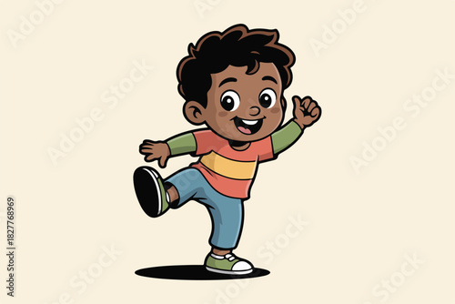 Cartoon illustration of a cheerful child, smiling, waving, with one leg raised and wearing casual clothing