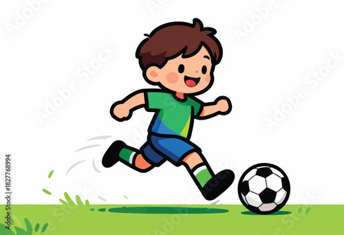 Cartoon illustration of a cheerful child kicking a soccer ball, running on a green field. White background