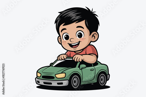 A happy cartoon boy drives a green toy car with joy, smiling. The image is on a white background