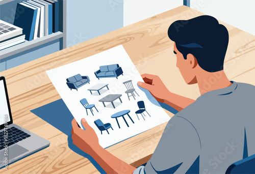 A person views furniture design options from a sketch, working at a desk, laptop nearby