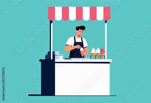 An illustration of a person scooping ice cream at a stall with a striped canopy, showcasing three cones