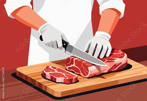 Vector illustration of a butcher in a white apron, gloves, cutting raw meat on a wood cutting board