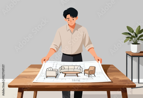 A smiling man, hands on a blueprint showing a living room layout with a plant nearby